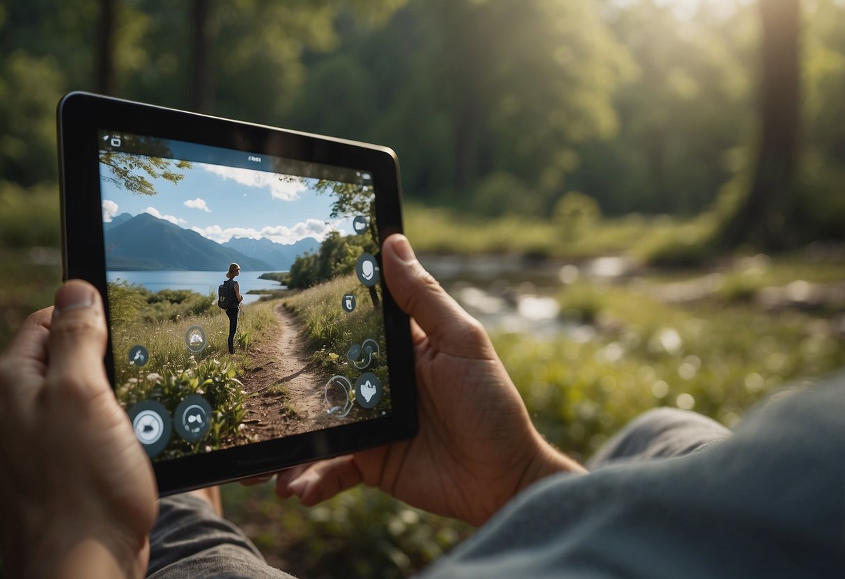 A person navigates through a bird-watching app, using tools like maps, bird calls, and field guide to identify birds in the wild