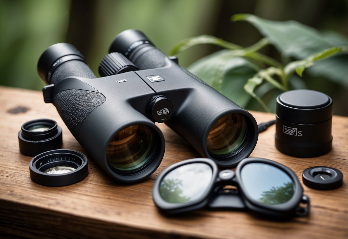 A pair of Zeiss Victory SF binoculars sits atop a table next to 10 essential navigation tools for bird watching trips