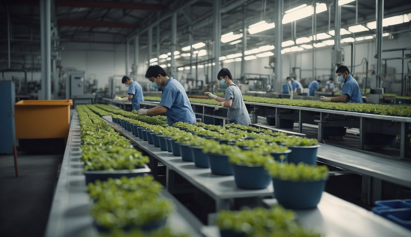 A factory floor with machines molding plastic plant pots in various sizes and colors. Workers inspecting finished pots for quality control