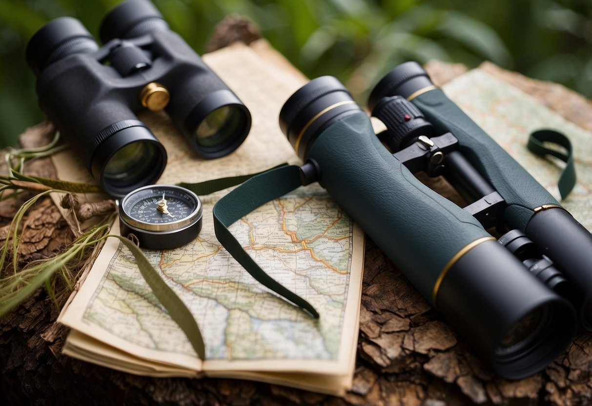 A birdwatcher's field guide open on a tree branch, surrounded by binoculars, a compass, a map, a notebook, and a pencil