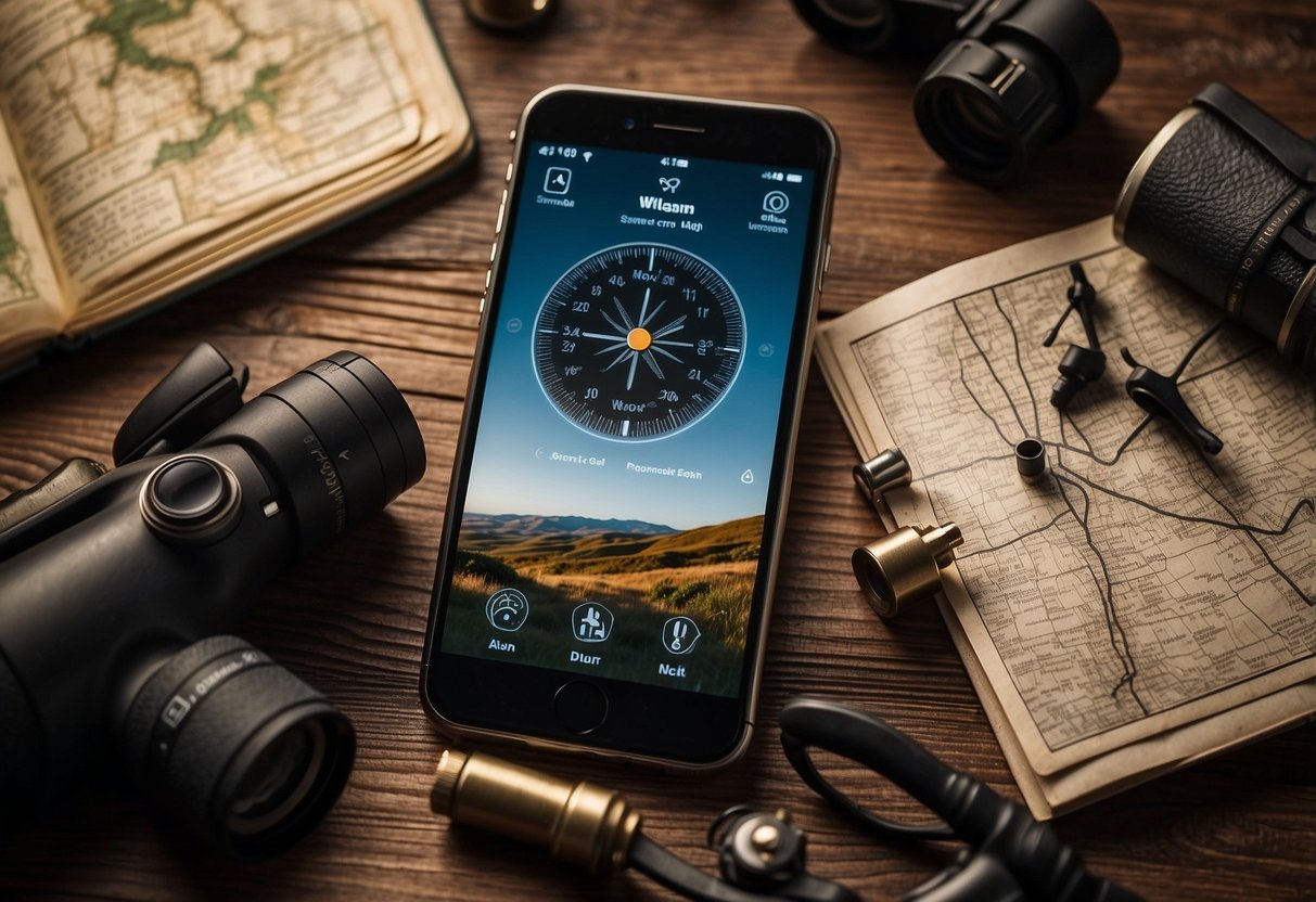 A smartphone with Williamson's Night Bird Call app open, surrounded by a compass, binoculars, field guide, map, and other bird watching essentials