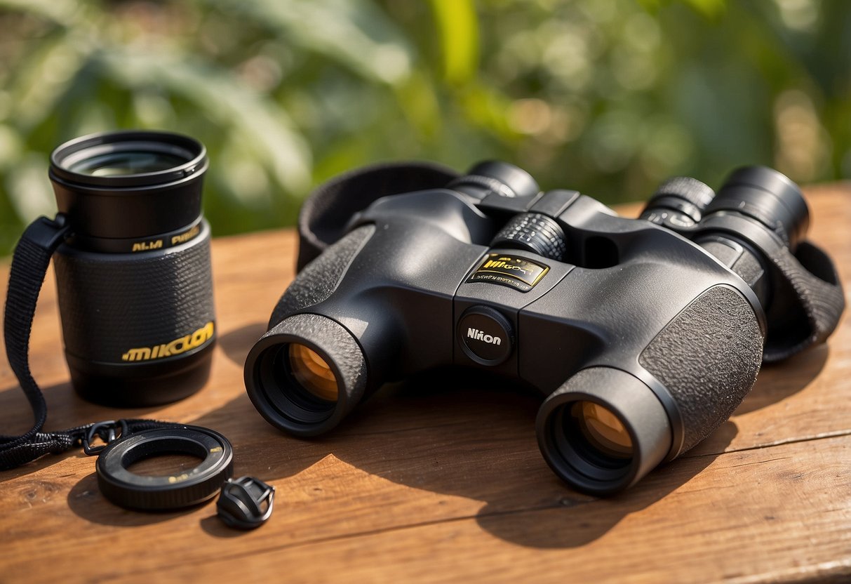 A pair of Nikon Monarch 7 binoculars sits atop a table, surrounded by 10 essential navigation tools for bird watching trips