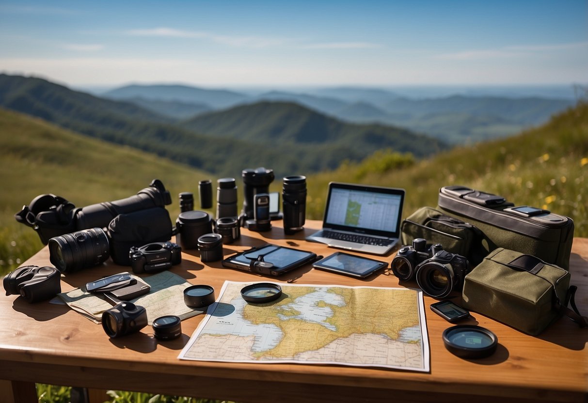 A table with various GPS devices, binoculars, field guides, and a map spread out. Bird watching gear is neatly organized for a trip