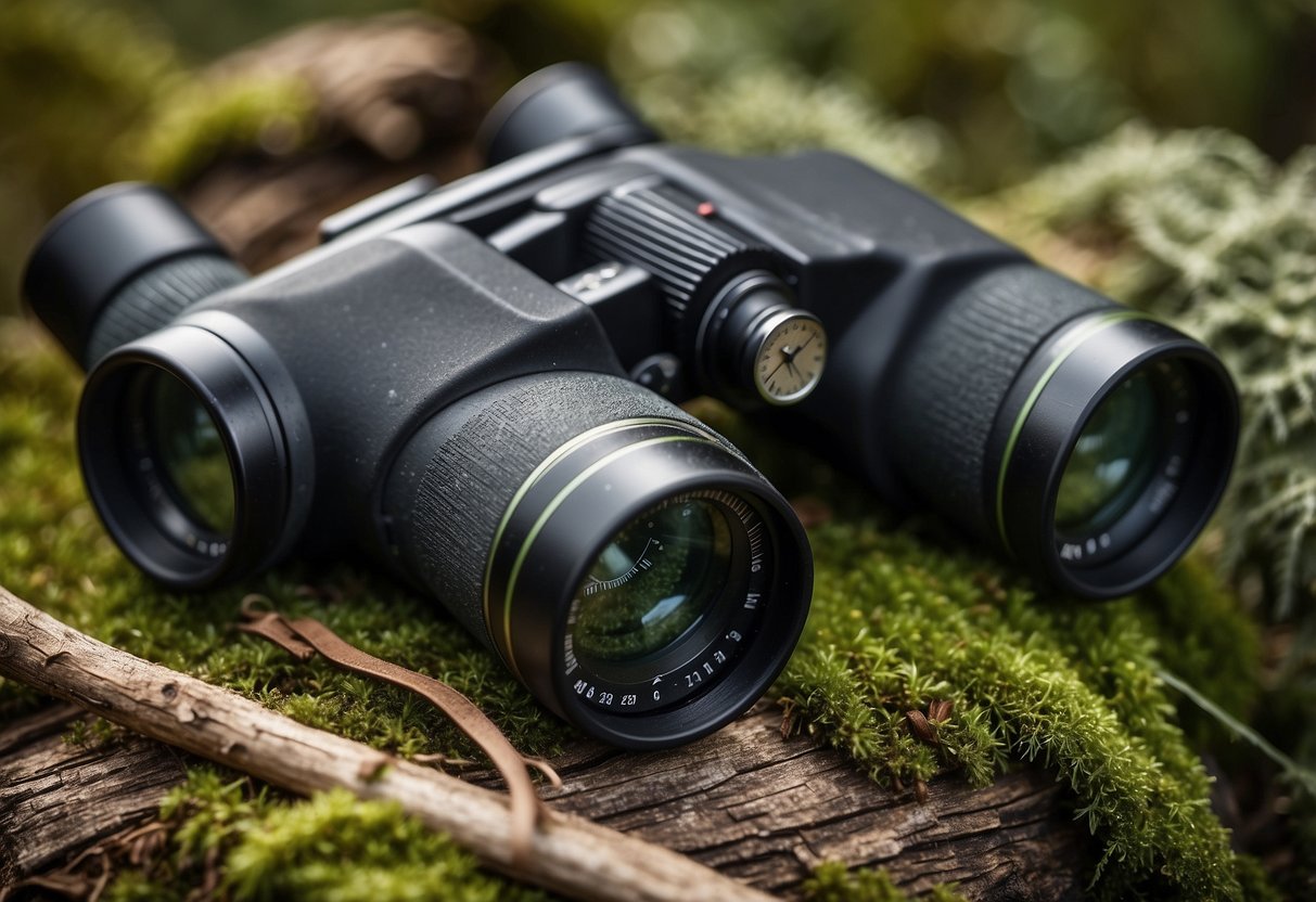 A pair of binoculars with built-in compasses rests on a mossy log, surrounded by birdwatching gear and a map