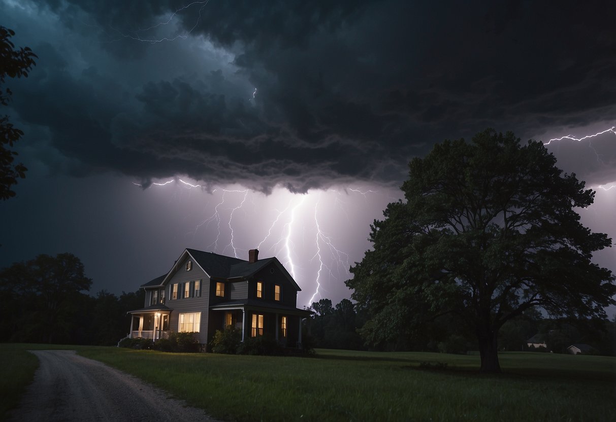 Dark storm clouds loom overhead as lightning strikes in the distance. Trees bend in the strong winds, and rain pours down heavily. A house stands sturdy with boarded windows, and a flashlight shines from inside