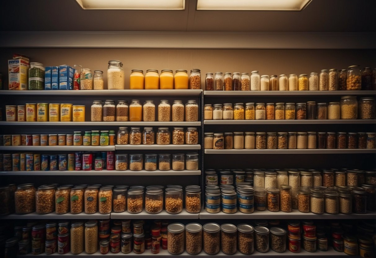 Shelves lined with canned goods, boxes of pasta, and jars of peanut butter. Flashlights and batteries nearby. Storm clouds outside the window