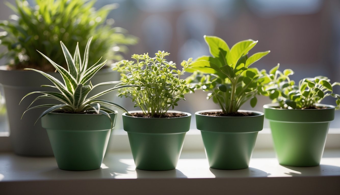 Several small plastic pots arranged on a sunny windowsill. Each pot contains a different green plant, adding a pop of color to the space