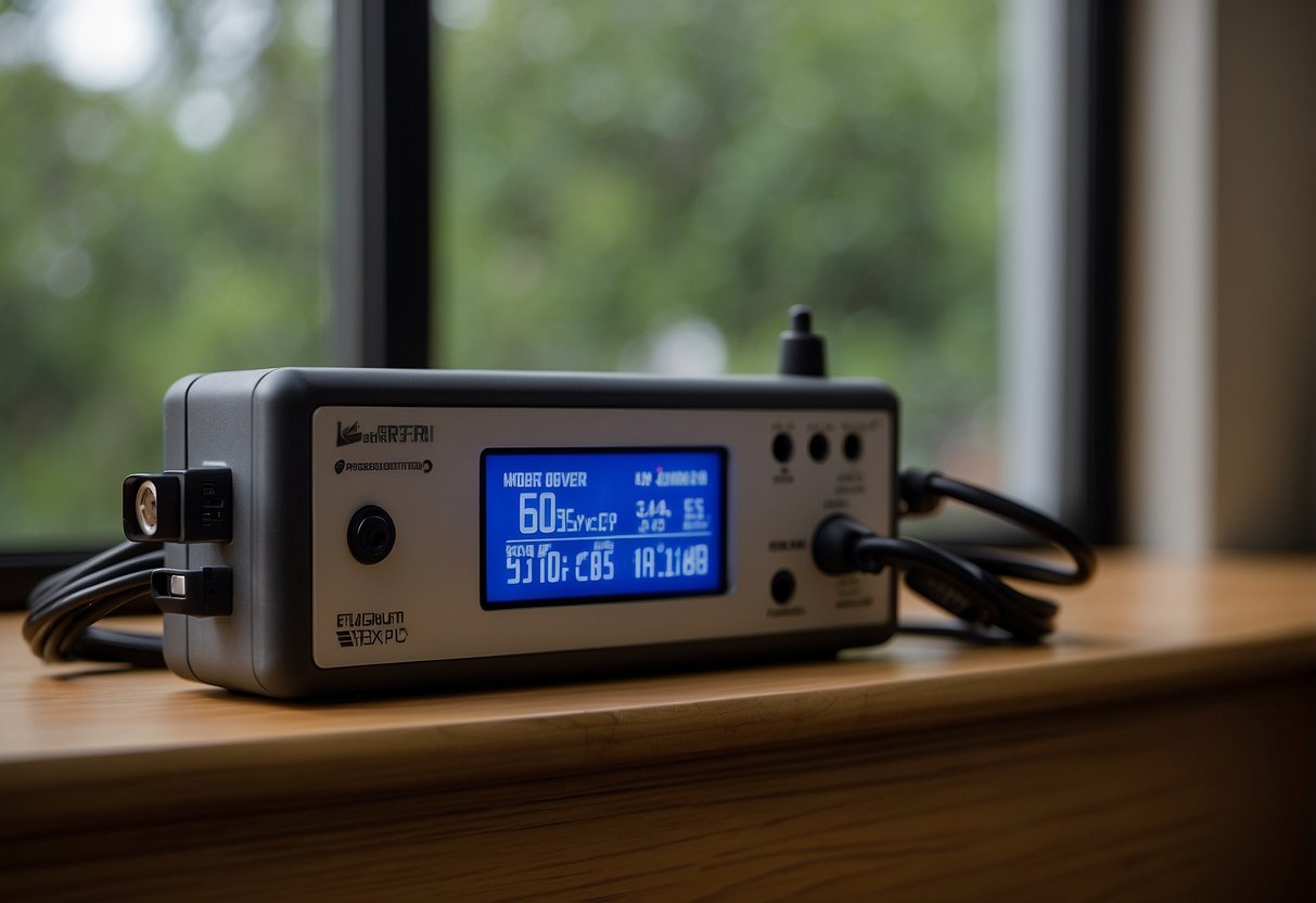 Electronic devices plugged into surge protectors, with lightning flashing outside a window. A flashlight and emergency radio sit nearby