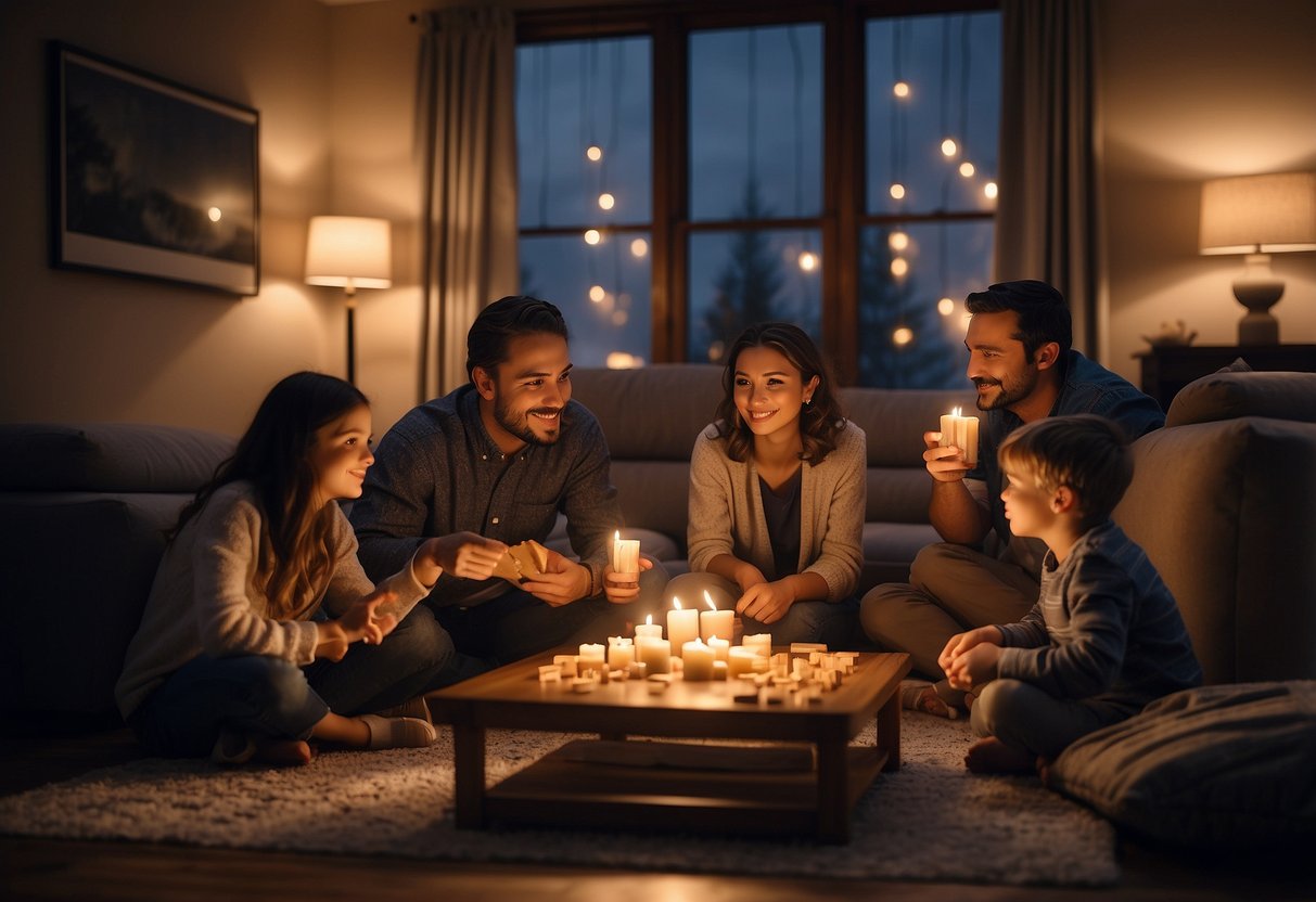 A cozy living room with curtains drawn, a flickering candle, and a family huddled together playing board games. Outside, the storm rages, but inside, they are safe and warm