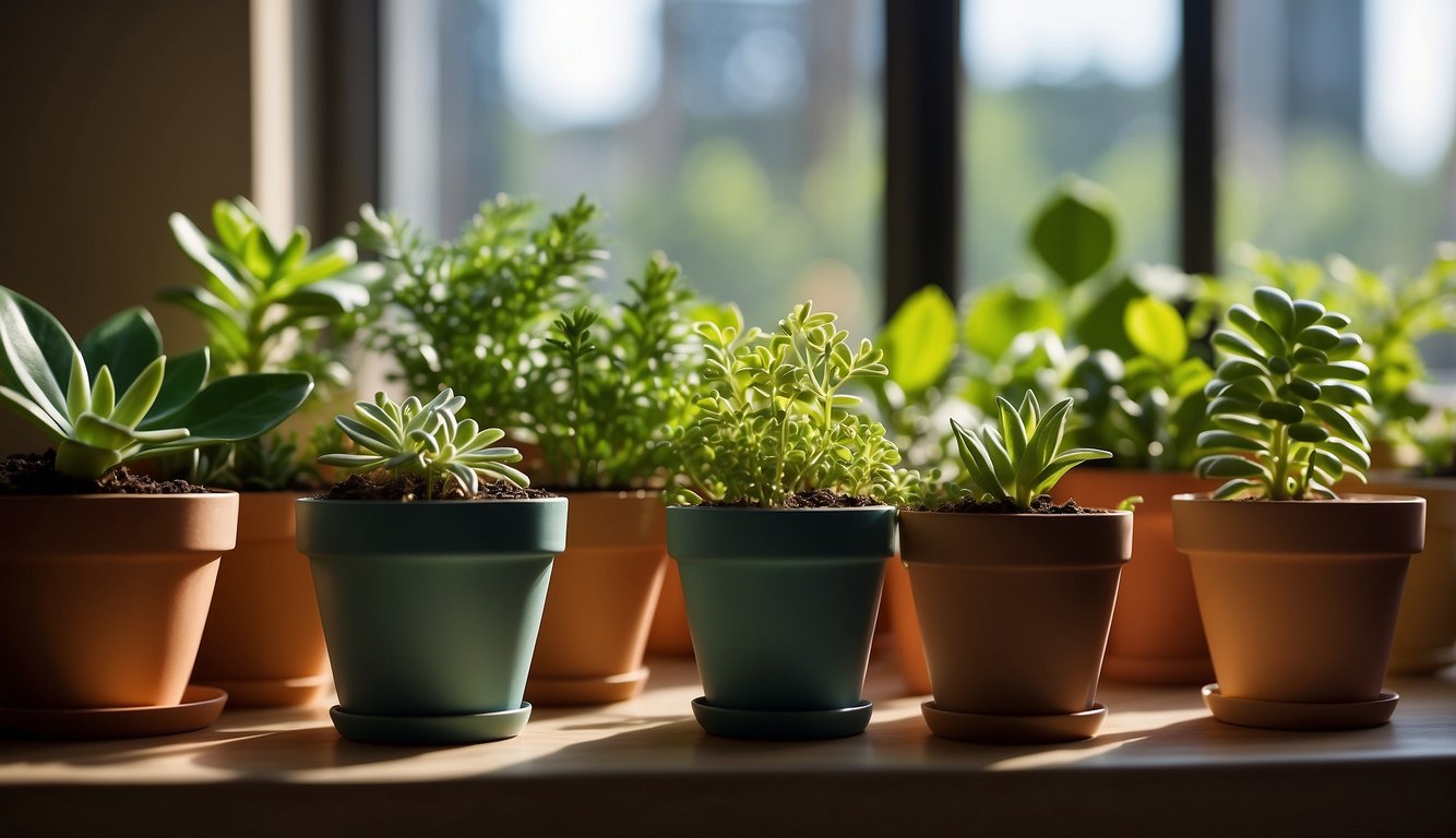 Small plastic pots arranged neatly, filled with vibrant green plants. Sunlight streams through a nearby window, highlighting the benefits of using small plastic pots for indoor gardening