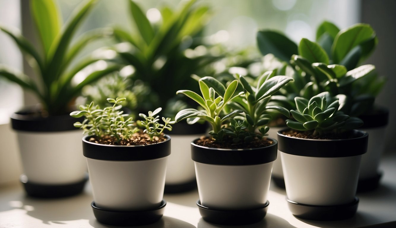 Small plastic pots arranged on a sunny windowsill, surrounded by green plants and natural light