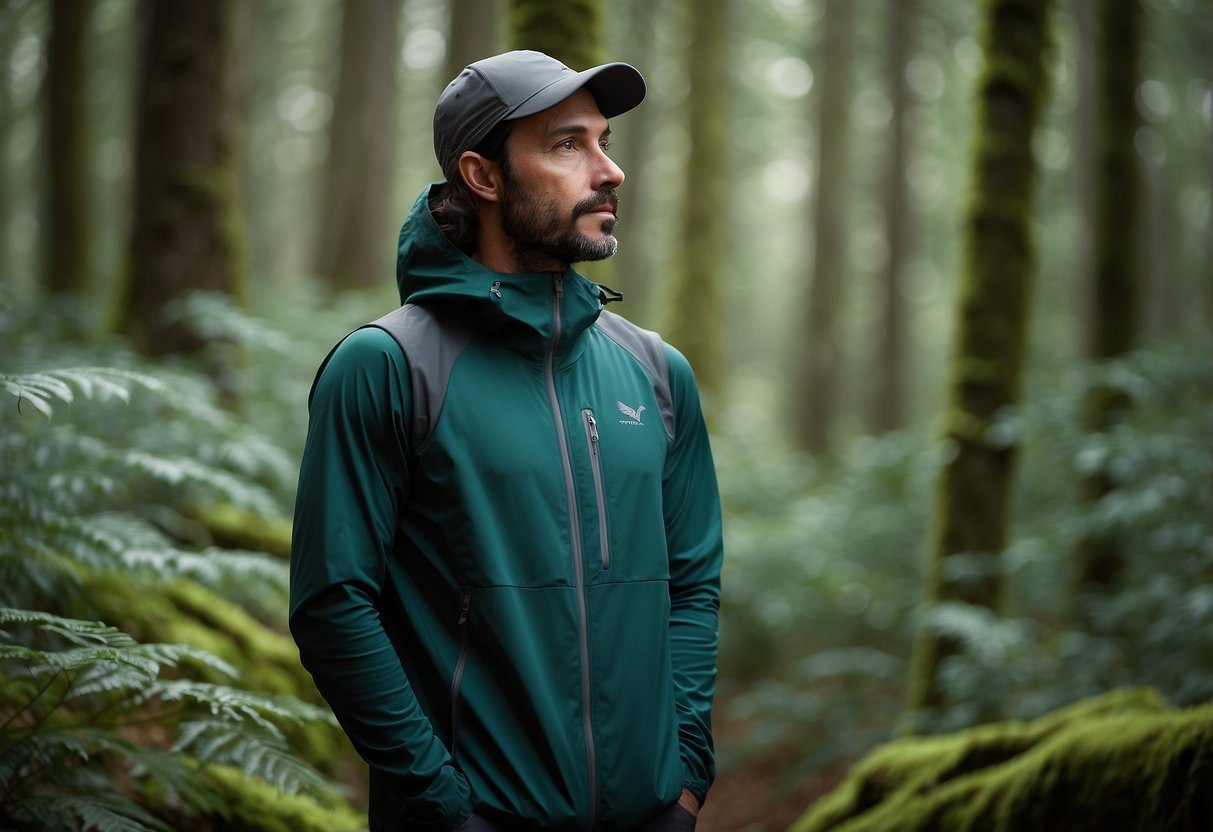 A birdwatcher stands in a lush forest, wearing an Arc'teryx Norvan SL Hoody. The lightweight jacket is sleek and functional, providing protection from the elements while allowing for easy movement
