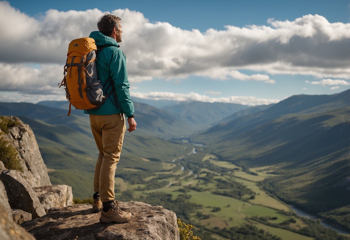 A hiker stands on a rocky cliff overlooking a lush valley, wearing a Patagonia Houdini Jacket. Binoculars hang from their neck, and colorful birds flit through the air
