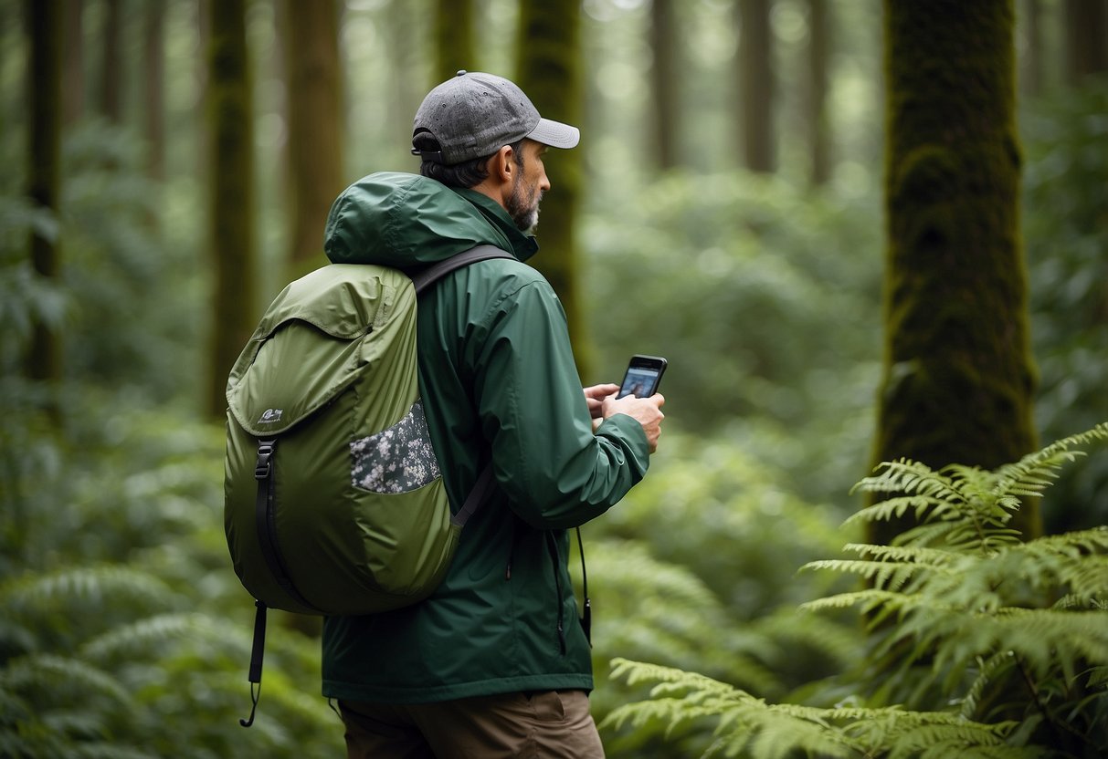 A birdwatcher wears the Outdoor Research Helium II Jacket while observing birds in a lush, green forest. The lightweight, waterproof jacket keeps them dry and comfortable as they spot various avian species