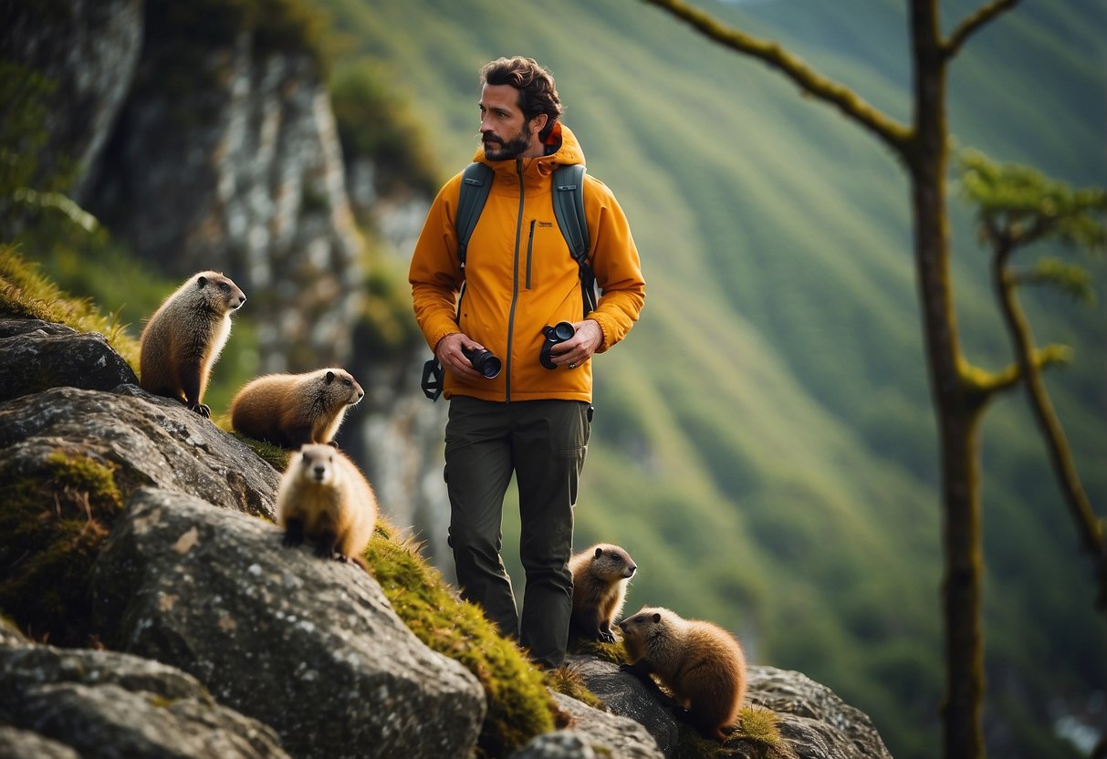 A hiker wearing a Marmot Bantamweight Jacket stands on a rocky cliff, binoculars in hand, observing a group of colorful birds in a lush forest