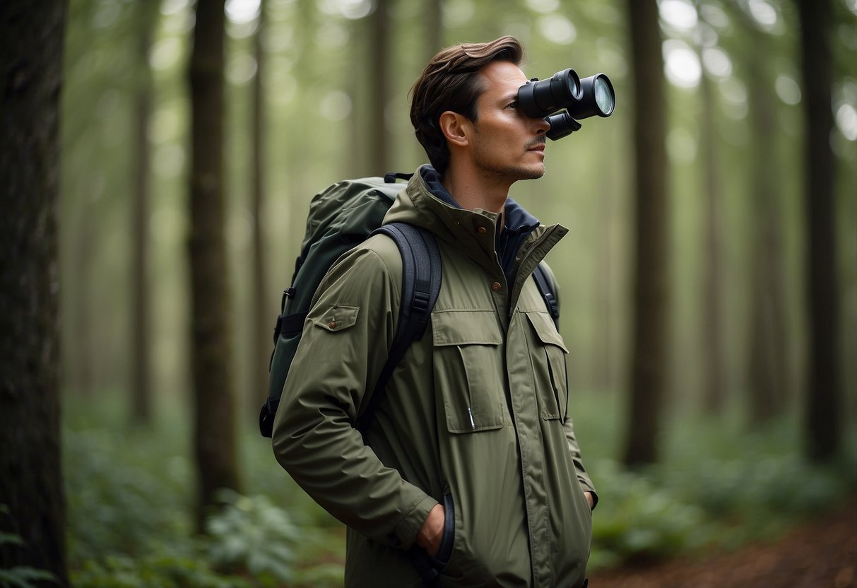 A person wearing a lightweight bird-watching jacket, with multiple pockets and adjustable straps for comfort and fit, standing in a forest with binoculars around their neck, observing birds