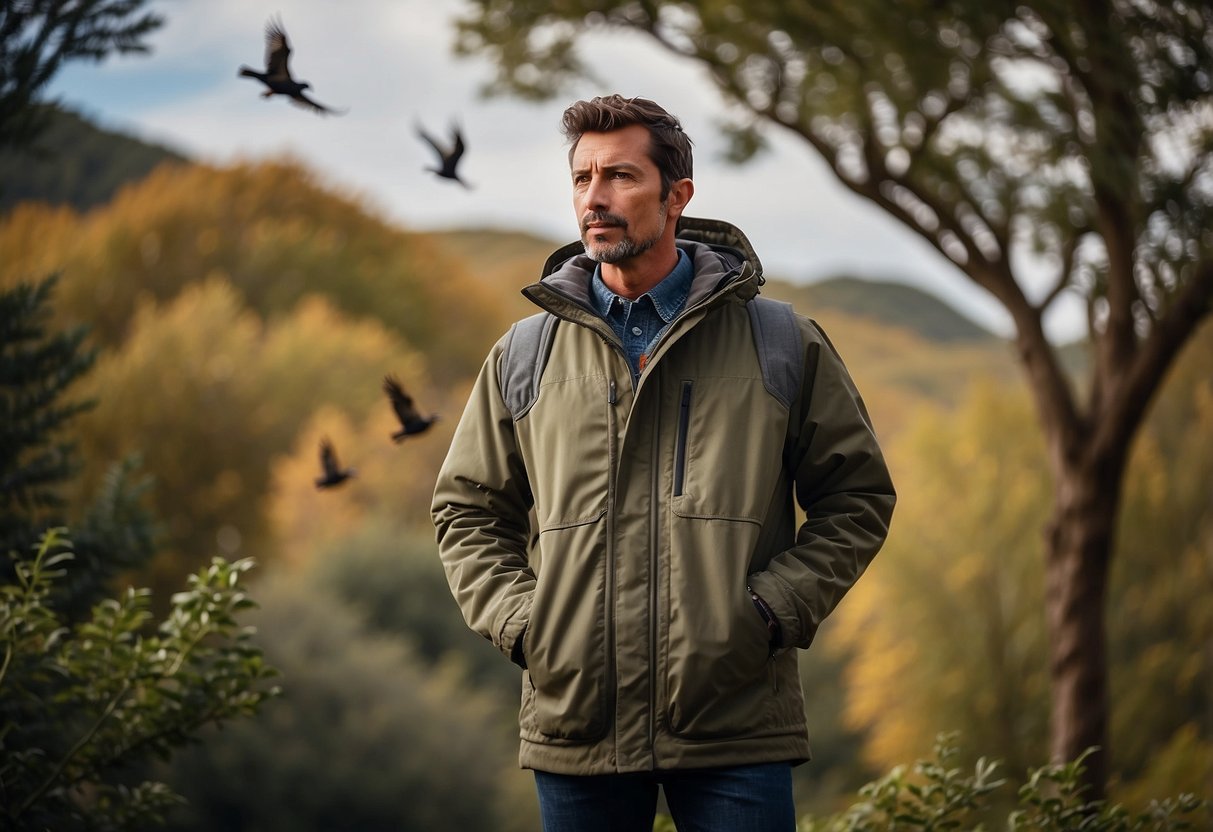 A person wearing a lightweight bird watching jacket, standing in a rugged outdoor setting with trees and birds in the background