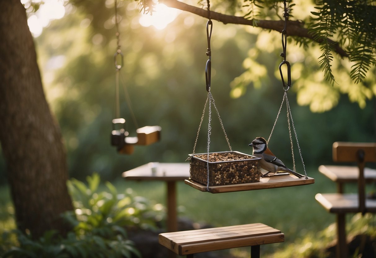Bird feeders hang from a tree branch, surrounded by lush foliage. A pair of binoculars and a bird guidebook rest on a nearby table, while a comfortable chair invites relaxation