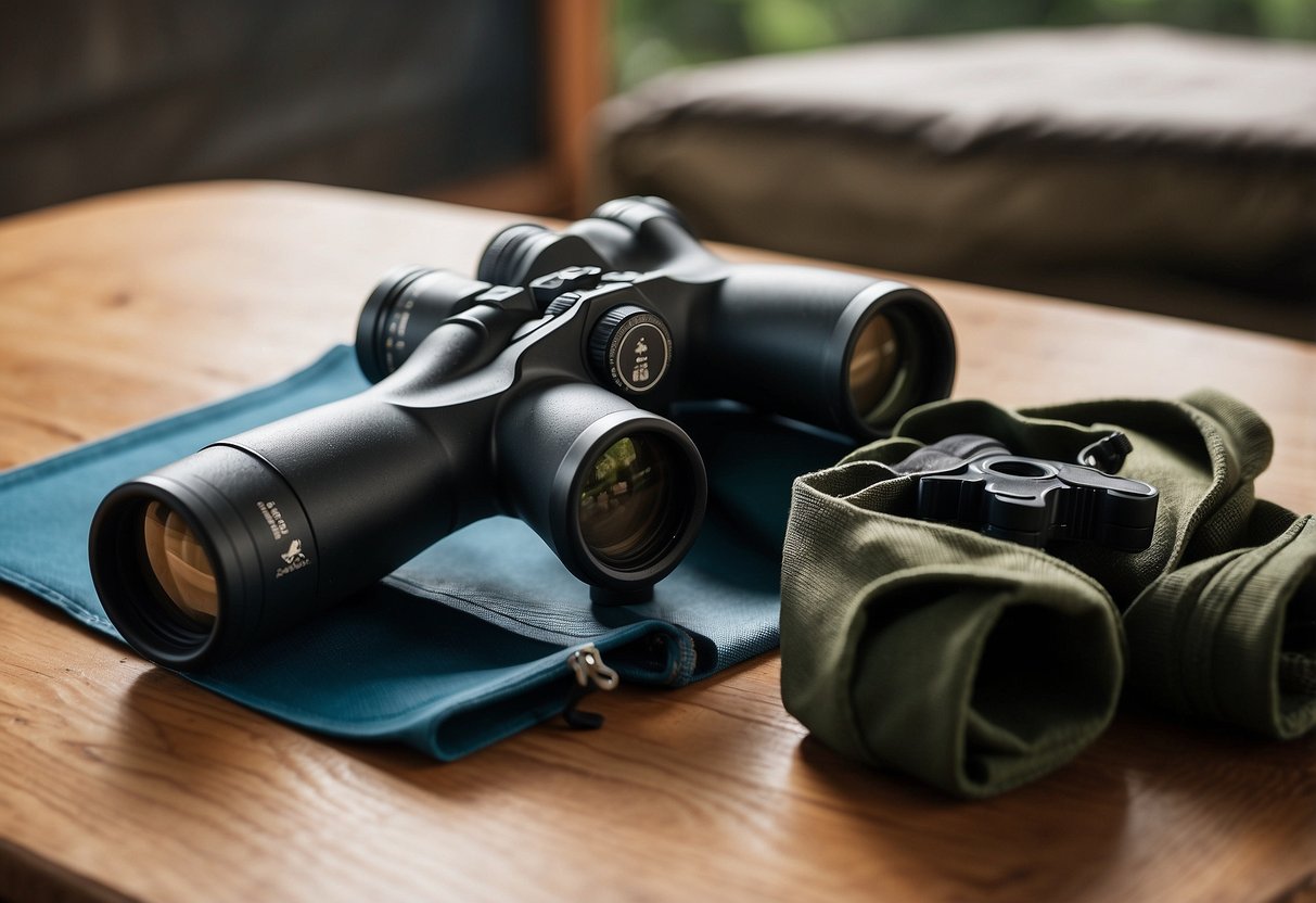 A bird watcher's binoculars and field guide lay on a table next to a water bottle and a pair of hiking boots. A yoga mat is unrolled on the floor, with a set of stretching exercises printed out nearby