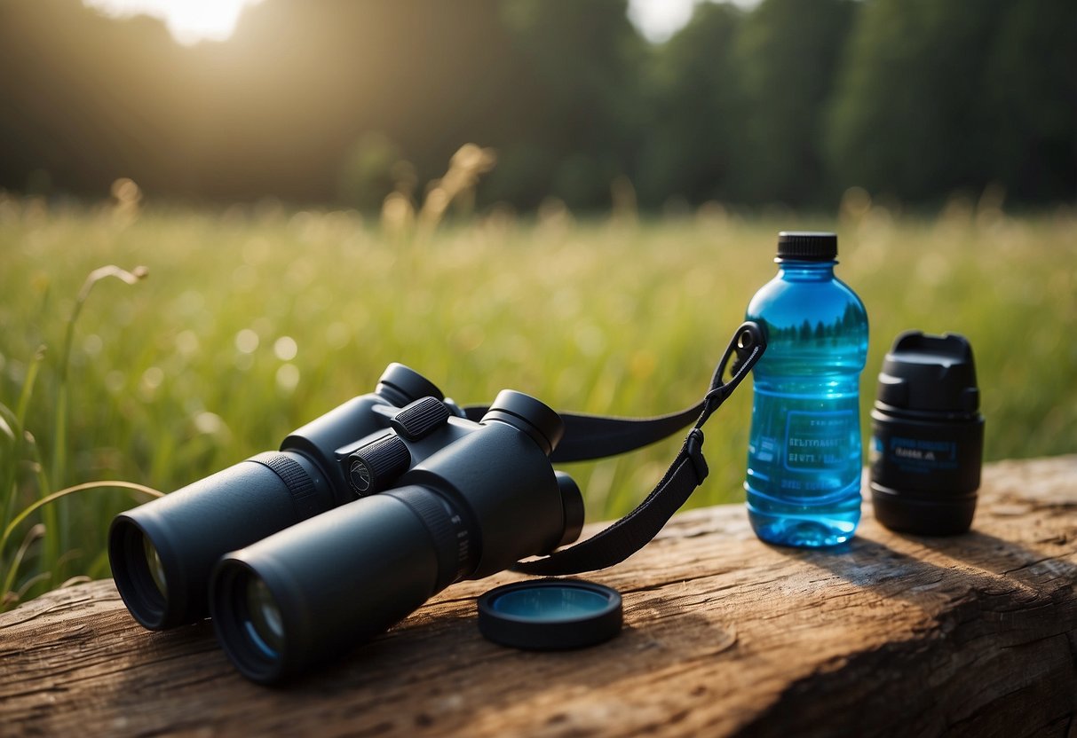 A person's hand reaches for a bottle of electrolyte drink surrounded by bird watching gear, including binoculars and a field guide