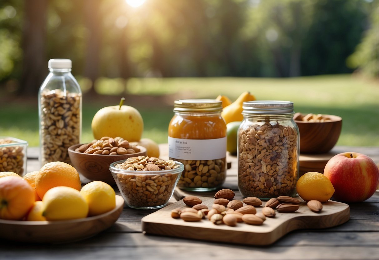 A variety of fresh fruits, nuts, and granola bars are displayed on a table. A water bottle and a first aid kit are nearby. The setting is peaceful and natural, with trees and birds in the background