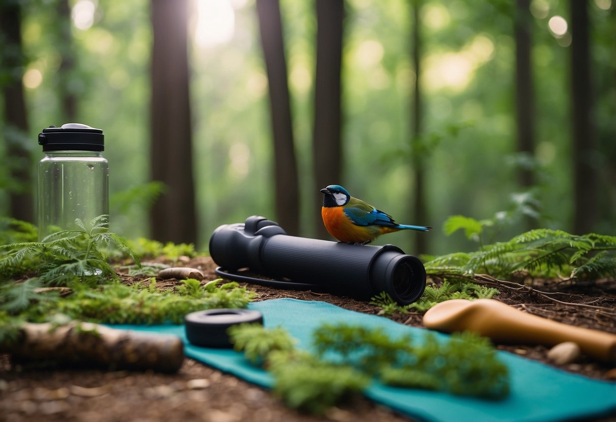 A serene forest clearing with colorful birds perched on branches, as a yoga mat is laid out with a water bottle and binoculars nearby