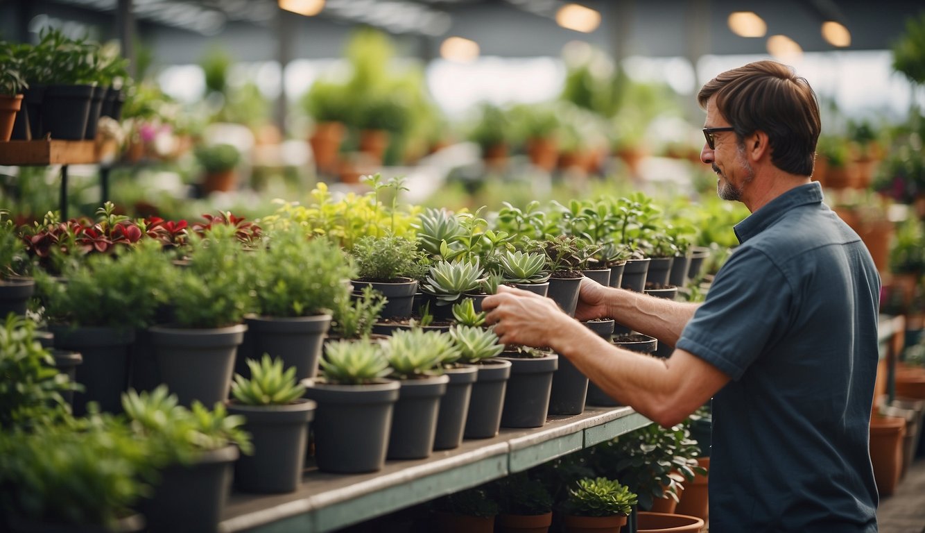 A person purchases plant pots at a garden center
