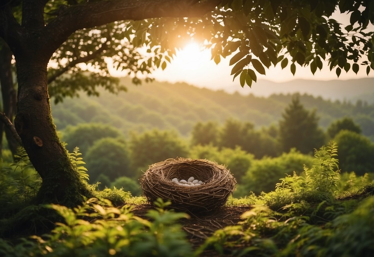 A peaceful forest with a cozy nest surrounded by chirping birds and lush greenery, as the sun rises and casts a warm glow over the serene landscape