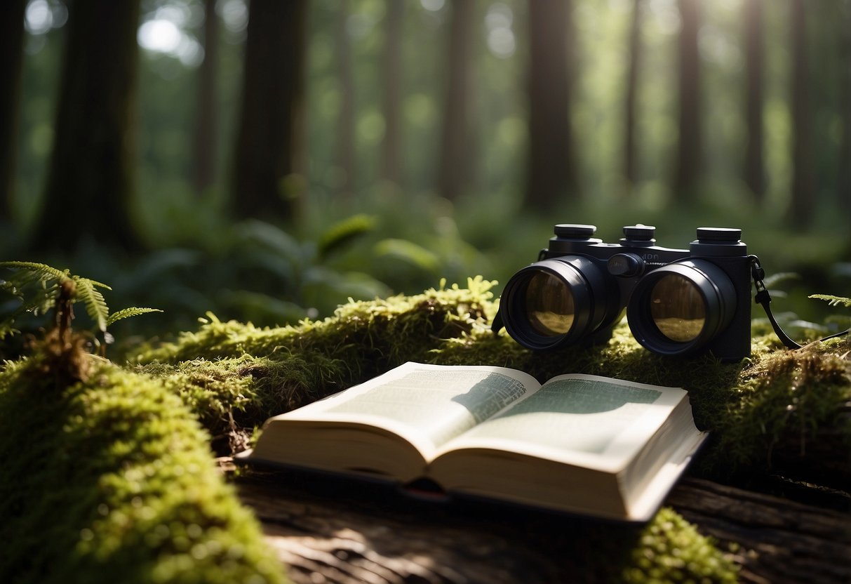 A peaceful forest clearing with a journal, binoculars, and a bird guide laid out on a mossy log. Sunlight filters through the trees, casting dappled shadows on the forest floor