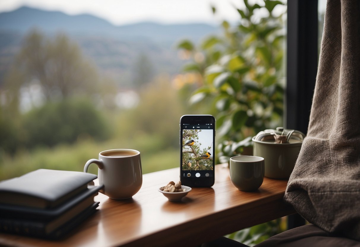 A smartphone with a bird watching app open, surrounded by a cozy armchair and a cup of tea. Outside the window, a variety of birds are perched on a feeder