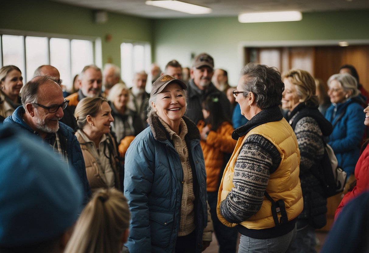 A group of bird watchers gather in a community center, exchanging tips and advice on how to recover after a bird watching trip. The room is filled with enthusiasm and excitement as they share their experiences and knowledge
