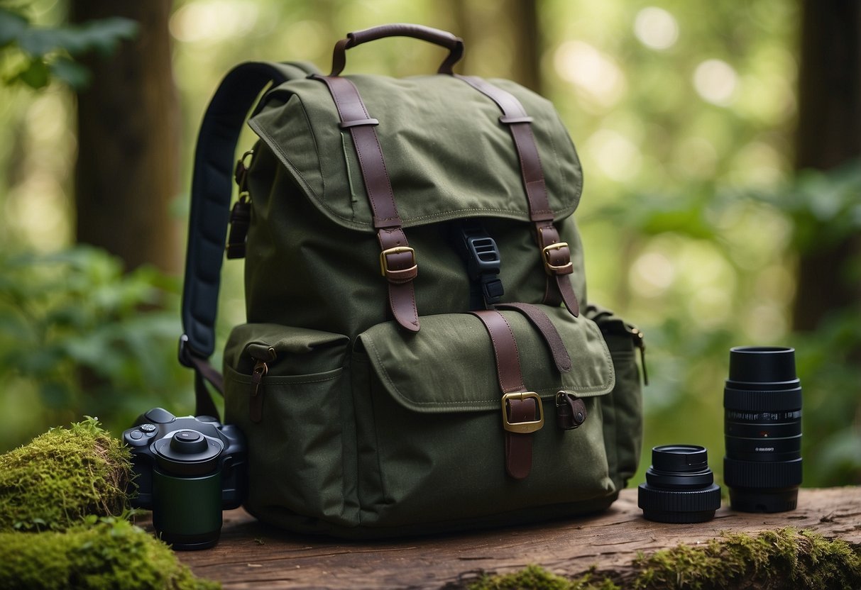 A tranquil forest scene with a bird watcher's backpack, binoculars, and a comfortable resting spot. A peaceful atmosphere with birds chirping and lush greenery, conveying the importance of post-trip recovery