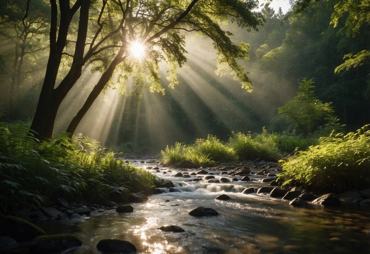 A serene forest clearing with a bubbling stream, surrounded by diverse bird species perched on branches and flying overhead. Sunlight filters through the canopy, casting dappled shadows on the lush vegetation