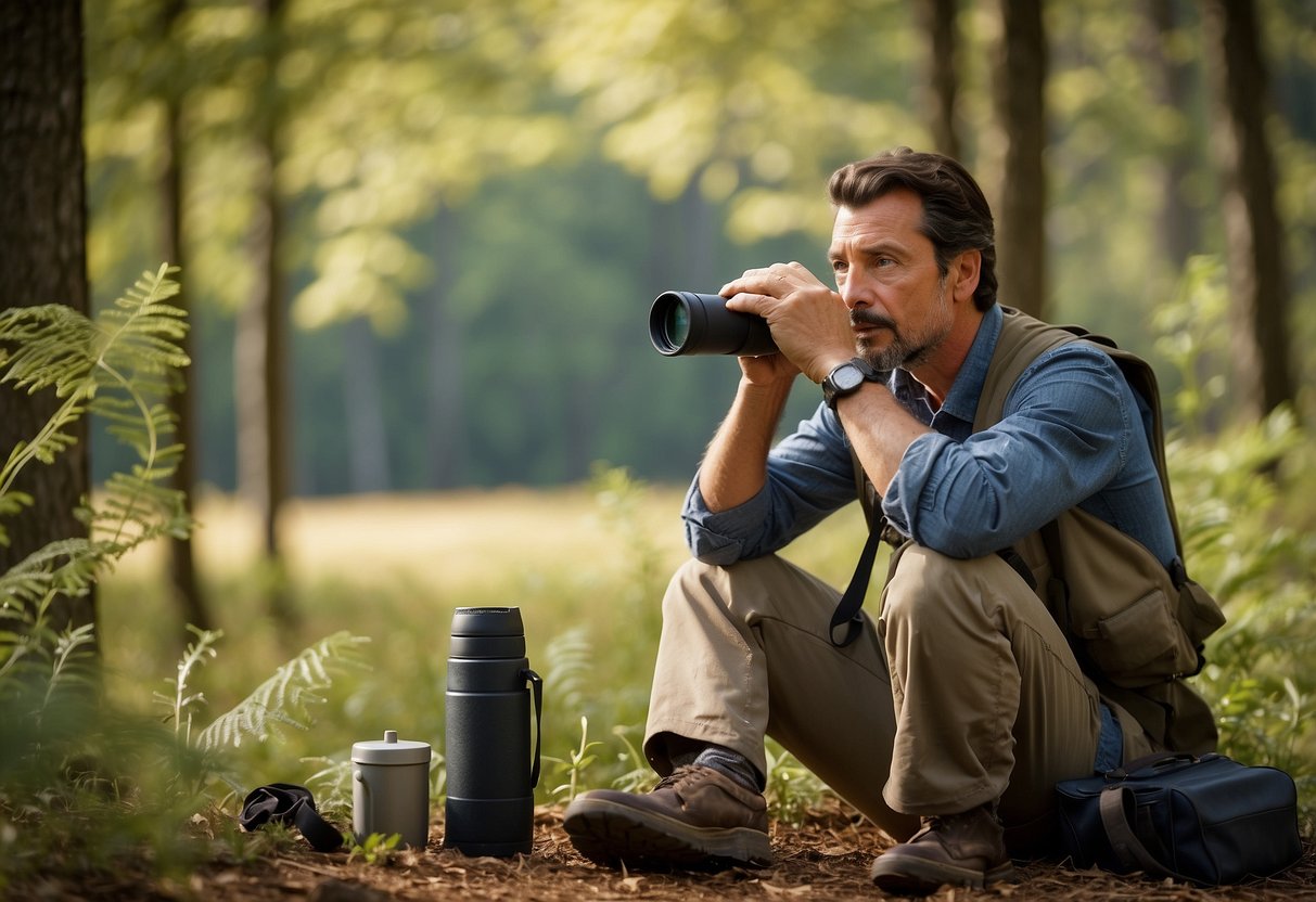 A birdwatcher sits with binoculars, field guide, and notebook. They are surrounded by trees, with a clear sky overhead. A thermos and snack are nearby