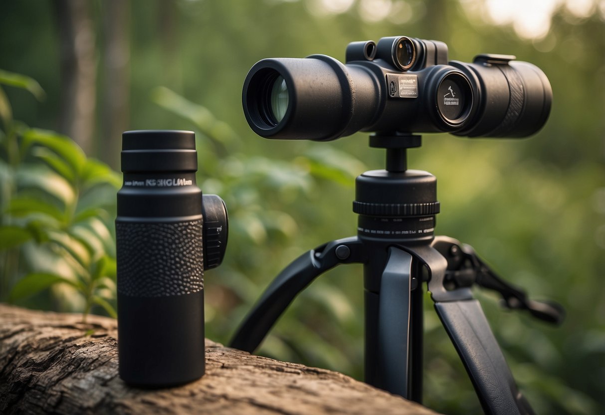 A pair of high-quality binoculars positioned on a sturdy tripod, surrounded by nature with a checklist and bird guide nearby