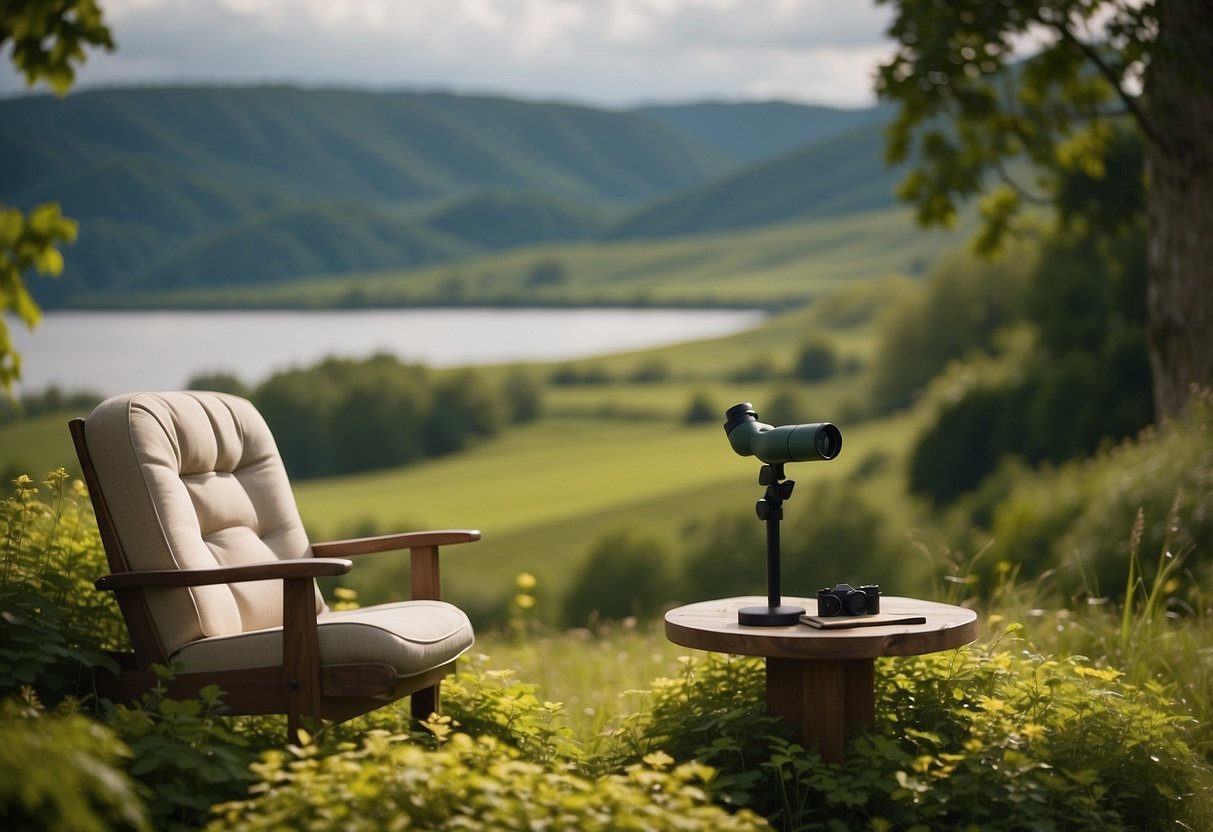 A cozy chair sits amidst a lush, green bird-watching spot, with binoculars and a field guide resting on the armrest. The scene exudes tranquility and focus