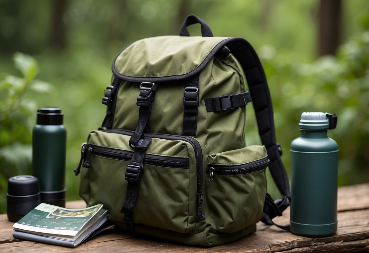 A bird watcher's backpack with a water bottle, binoculars, and a field guide. A trail map and notebook lay nearby, surrounded by lush foliage and chirping birds