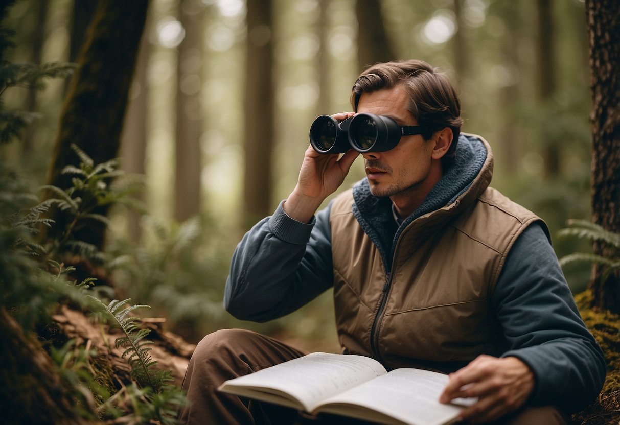 A person wearing layers of clothing, binoculars around the neck, sitting in a birdwatching blind with a notebook and pencil, surrounded by trees and wildlife