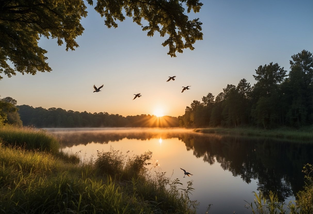 Birdwatching scenes: Sunrise over a serene lake, birds in flight against a clear blue sky, a lush forest canopy, a colorful sunset over a grassy meadow