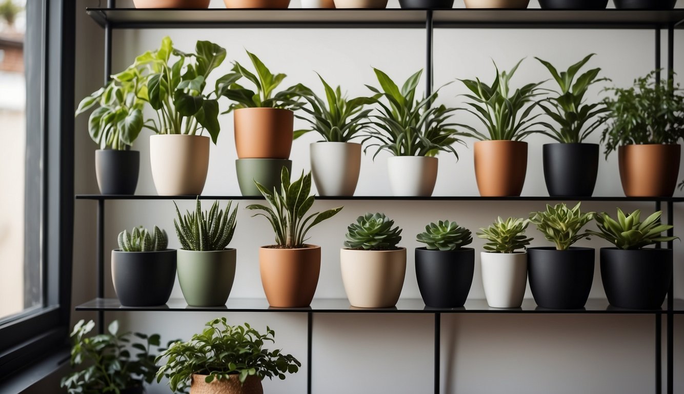 A variety of stylish plant pots arranged on a sleek, modern display shelf, with natural light illuminating the vibrant greenery
