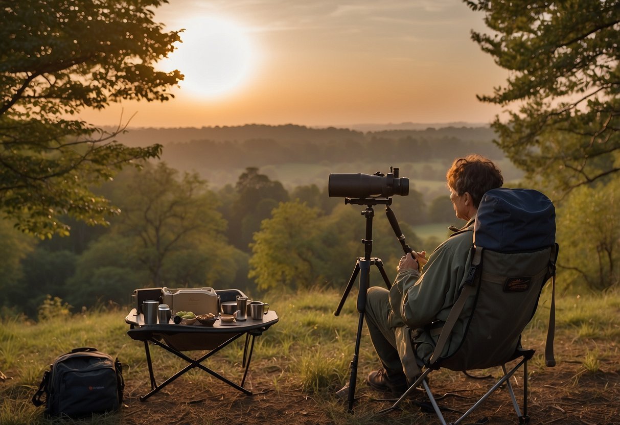 A birdwatcher sets up a comfortable chair and prepares their binoculars and field guide. They pack snacks and water, and check their camera equipment. The sun is rising, and the birds are beginning to stir in the trees