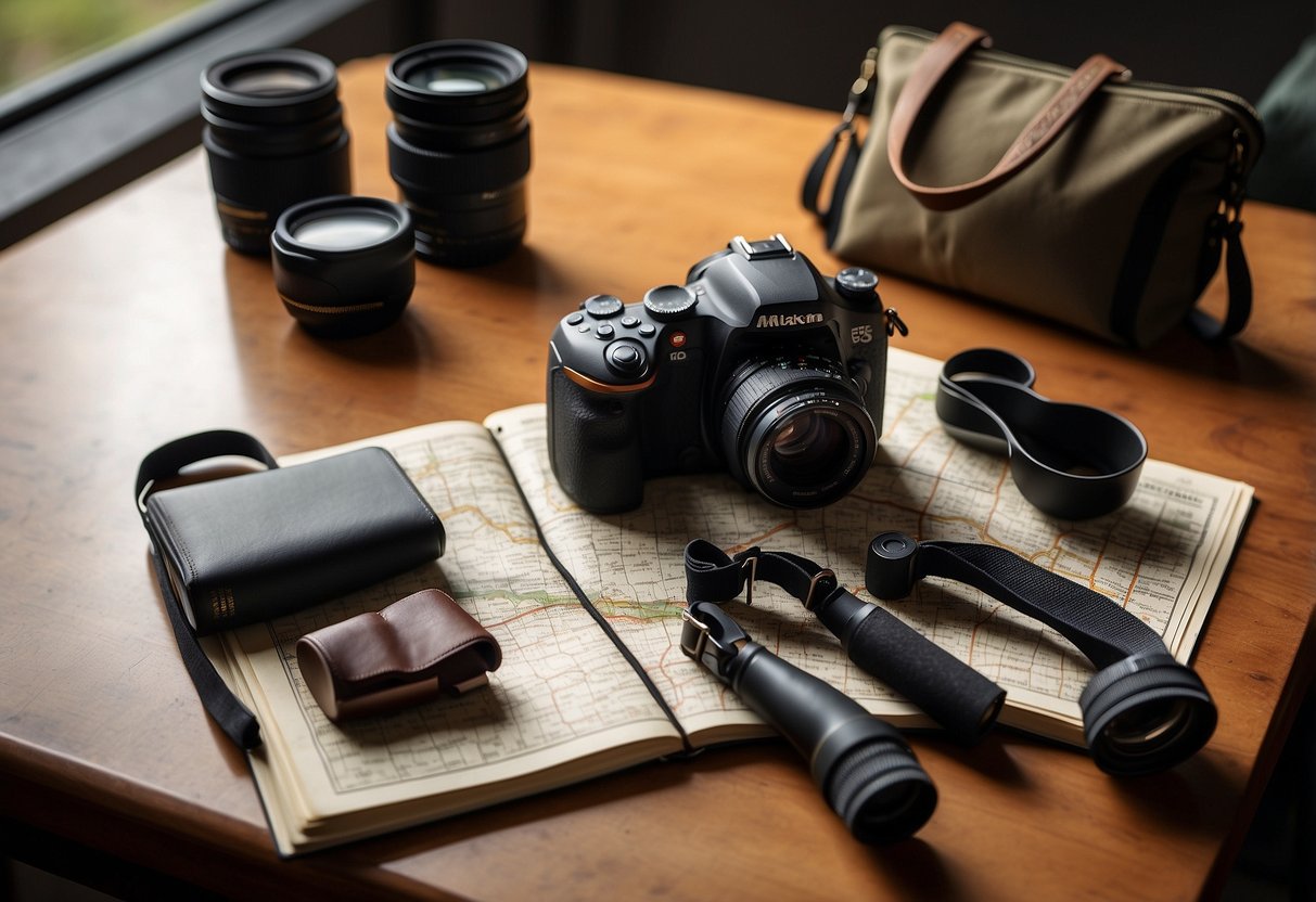 Birdwatching gear laid out neatly on a table, binoculars, field guide, and camera ready to be packed. A map of the birding location and a notebook with a pen next to it