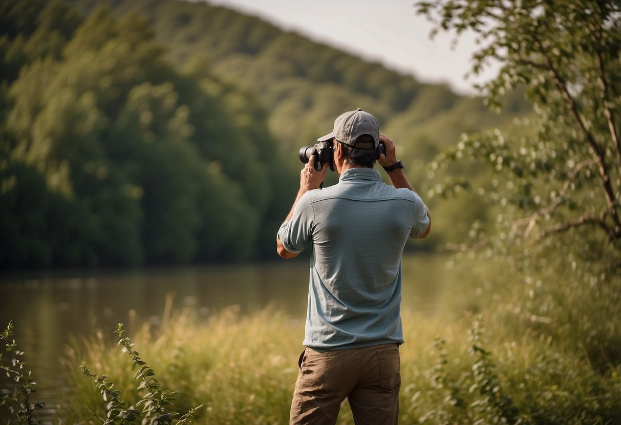 A person wearing comfortable pants, binoculars around neck, standing in a peaceful birdwatching setting with trees and birds in the background