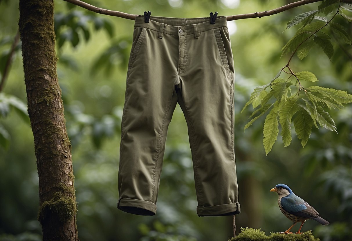 A pair of Orvis Men's Outdoor Pants hanging on a tree branch, surrounded by lush green foliage and a variety of colorful birds