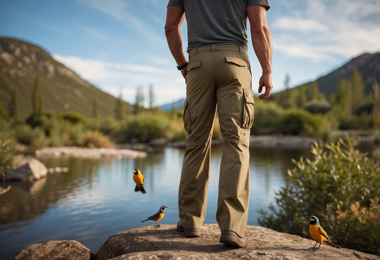 The KUHL Renegade Cargo Convertible Pants are displayed in a natural setting with birds and comfortable surroundings for bird watching