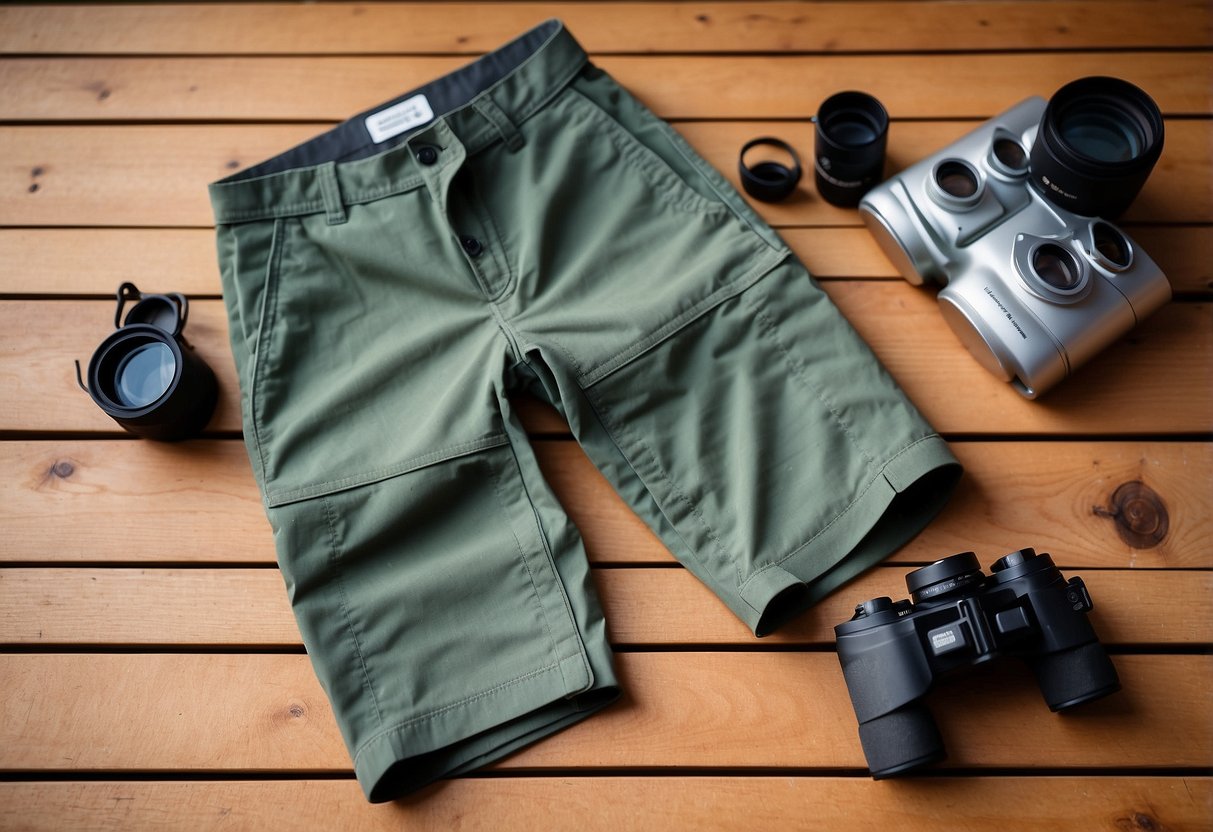 A pair of Columbia Silver Ridge Convertible Pants laid out on a wooden deck, surrounded by binoculars, a field guide, and a bird feeder