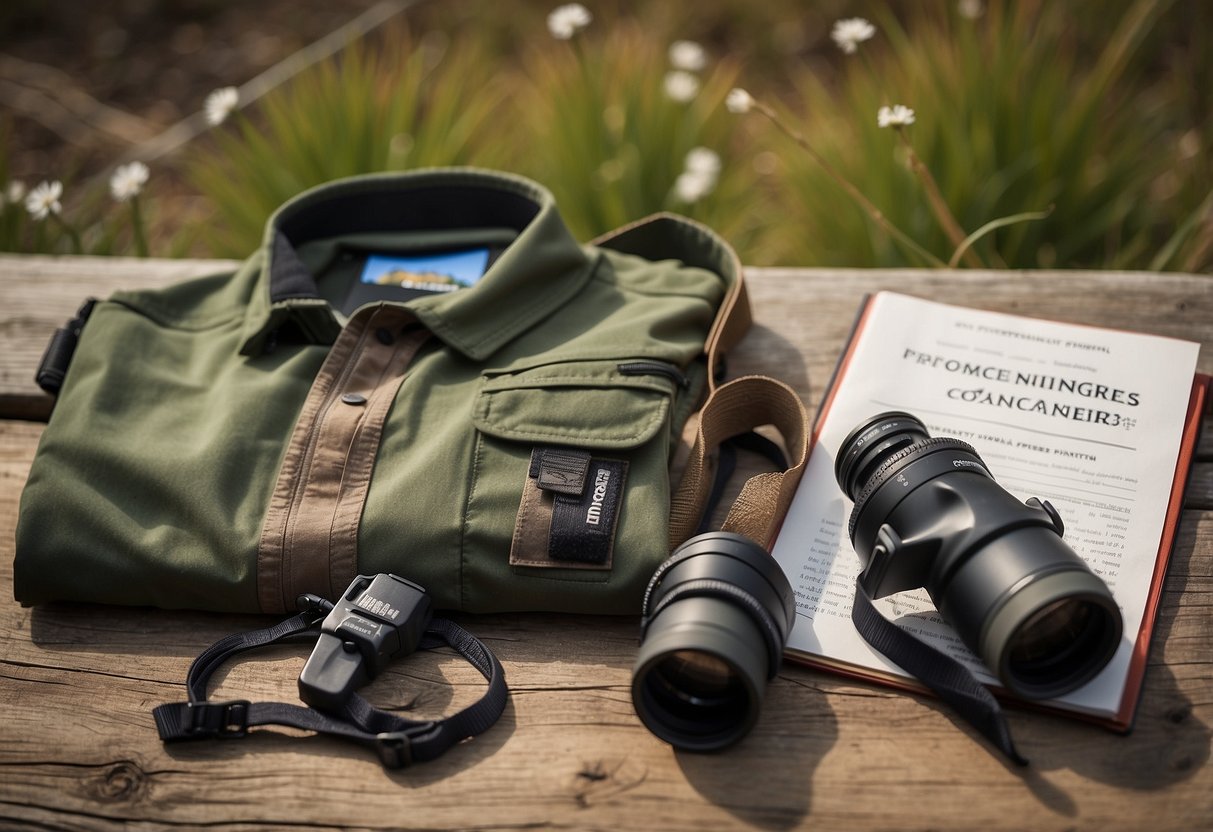 A pair of Patagonia Quandary Pants hanging on a rustic wooden fence with binoculars and a bird identification book nearby