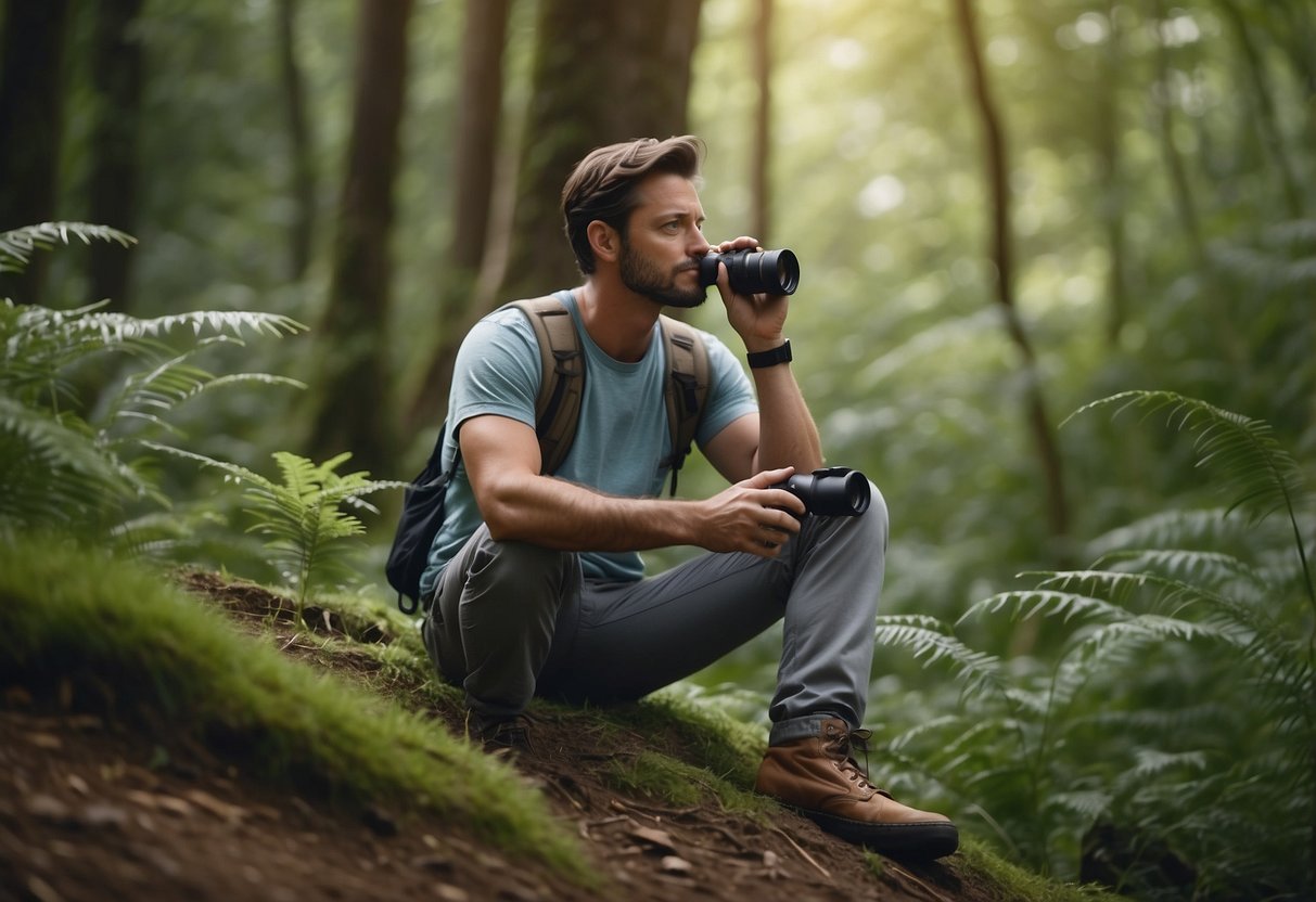 A peaceful bird watcher in comfortable pants, sitting in a lush, tranquil forest, with binoculars and a field guide, enjoying the serenity of nature