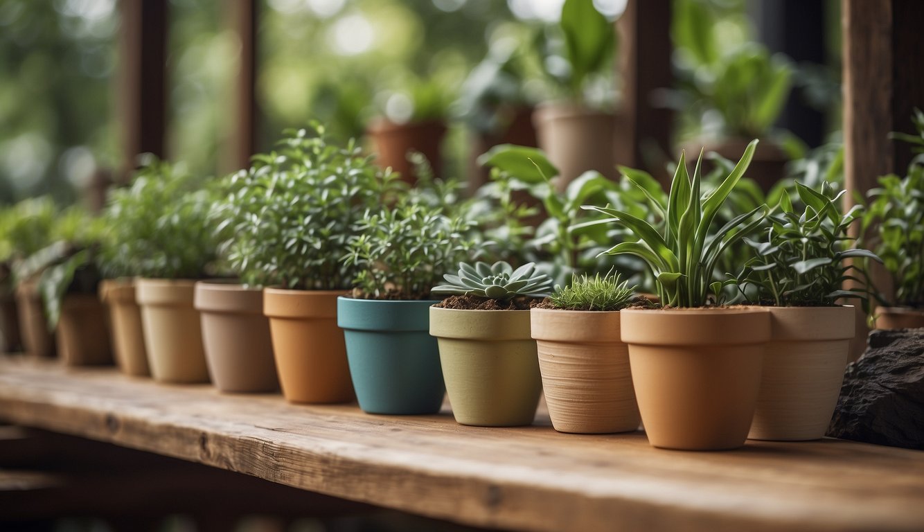 A variety of plant pots made from sustainable materials, such as bamboo, recycled plastic, and biodegradable options, displayed in a natural, eco-friendly setting