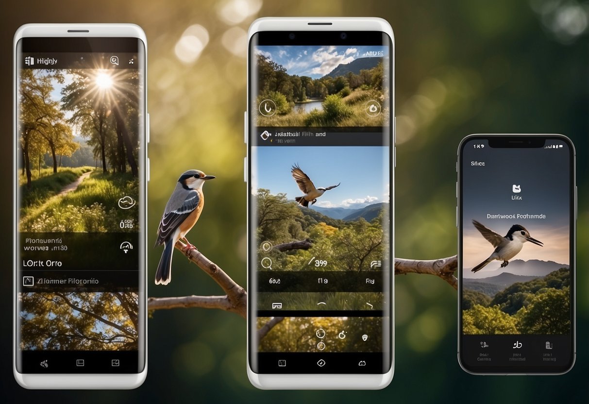 Birdwatching apps displayed on a smartphone screen, surrounded by trees and birds in a natural setting